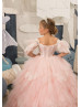 Off Shoulder Beaded Ivory Lace Pink Tulle Ruffled Flower Girl Dress